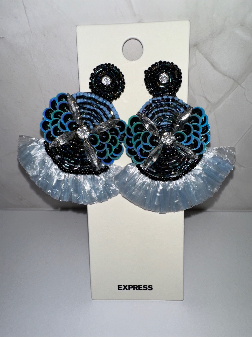 Express Beaded Fan Drop Earrings in Light Blue and Black